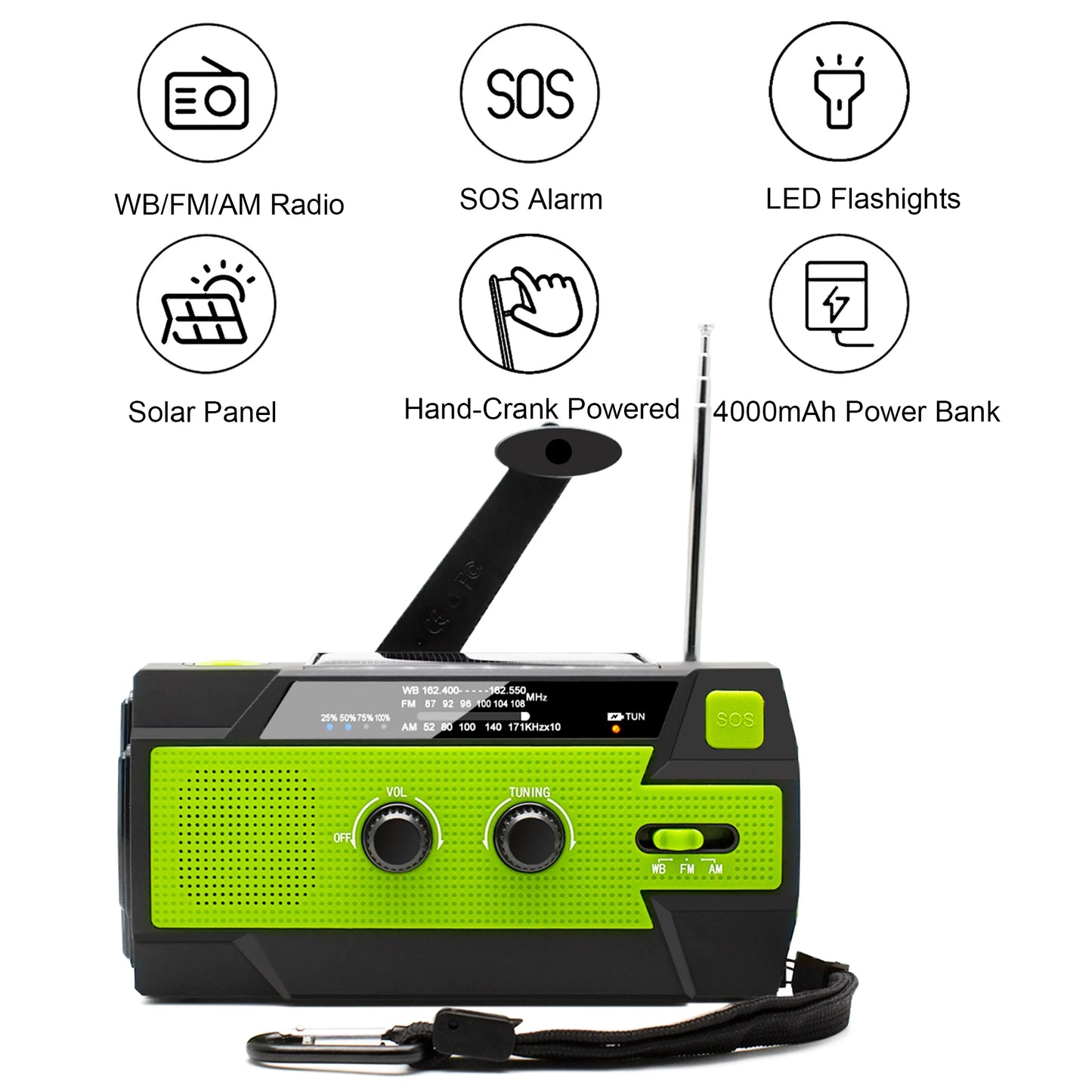 Emergency NOAA Weather Radio,Portable Hand Crank Radio,Solar Powered,AM/FM,SOS Alarm,Flashlight 4000mAh Rechargeable Power Bank