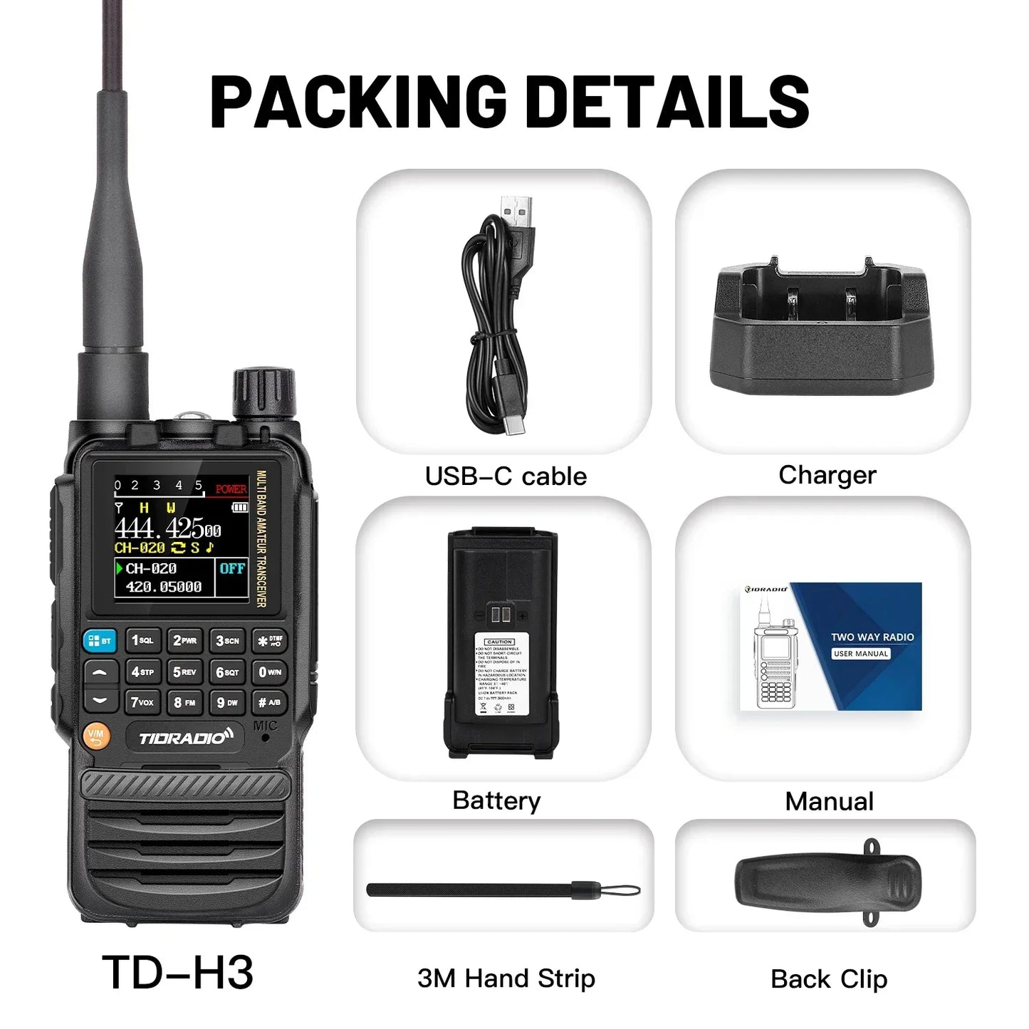 TIDRADIO H3 Long Range Walkie Talkie Phone APP Wireless Programming Air Band Ham Two Way Radio USB Type-C Programming &Charge