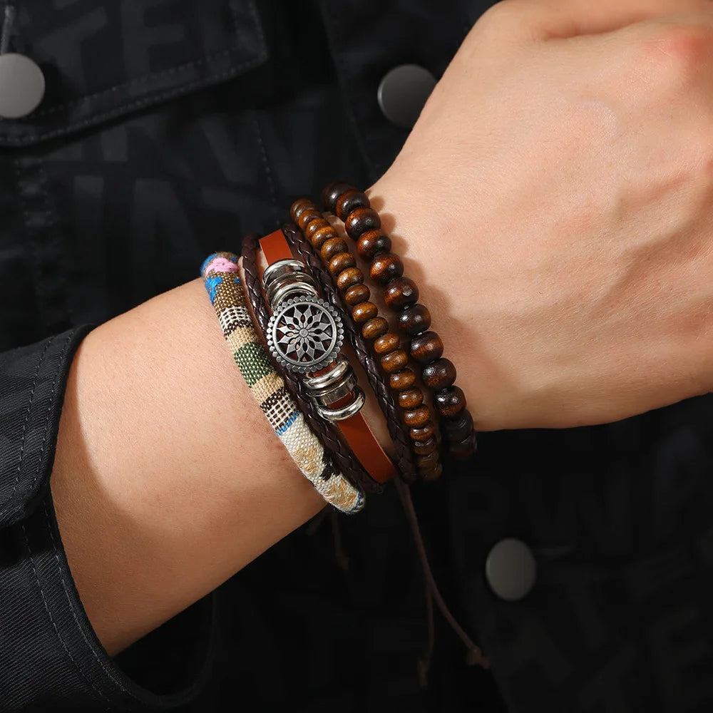 4Pcs/ Set Braided Wrap Leather Bracelet for Men Vintage Life Tree Rudder Charm Wood Bead Ethnic Tribal Wristband Rope Bracelet