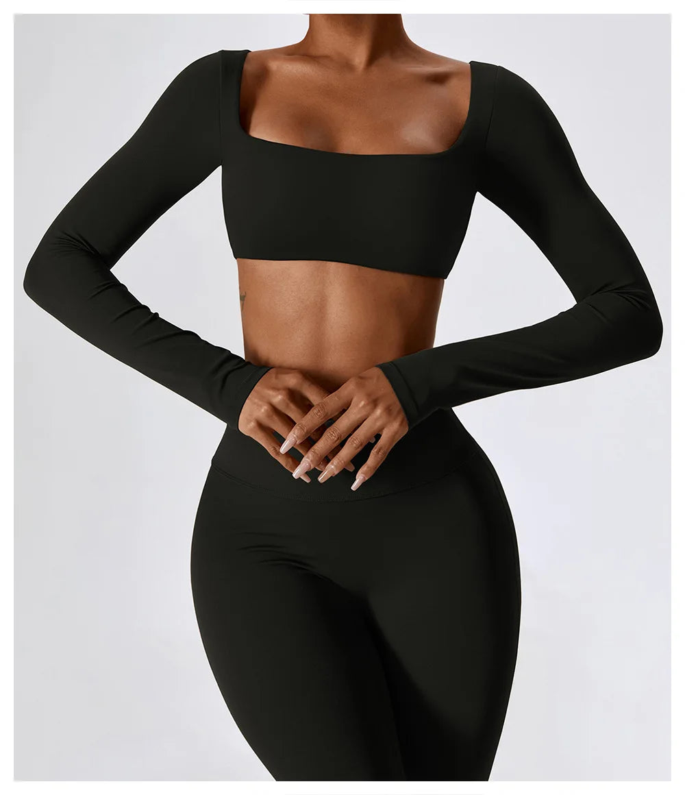 Women Workout Crop T Shirt Top Quick Dry Padded Sports Long Sleeve Gym Crop Tops Fitness Running Push Up Yoga Top