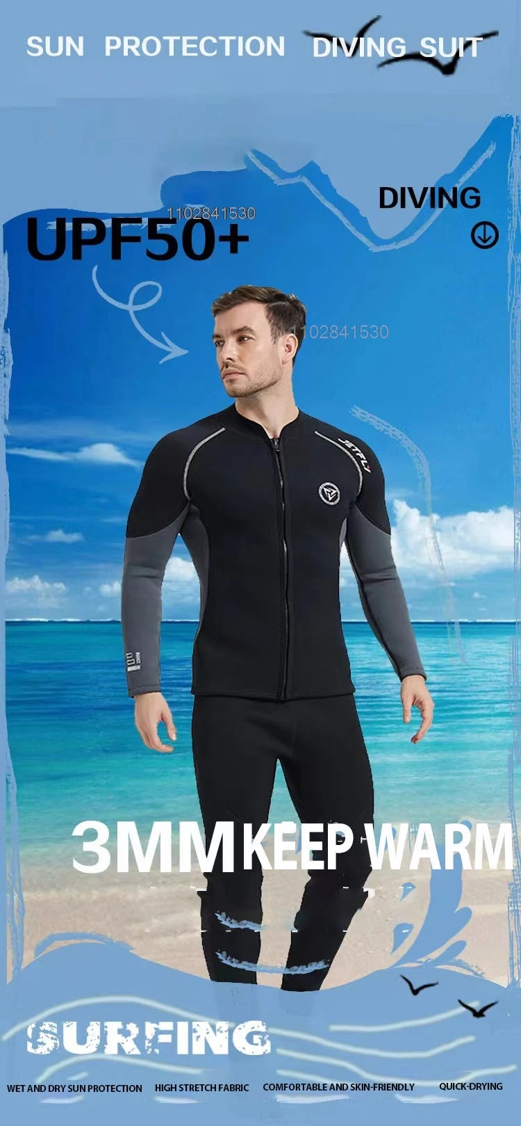 3mm/2MM Men Wetsuit Neoprene Scuba Diving Suit Zipper Jacket Pants Spearfishing Swimwear Kayak Surfing Swimsuit