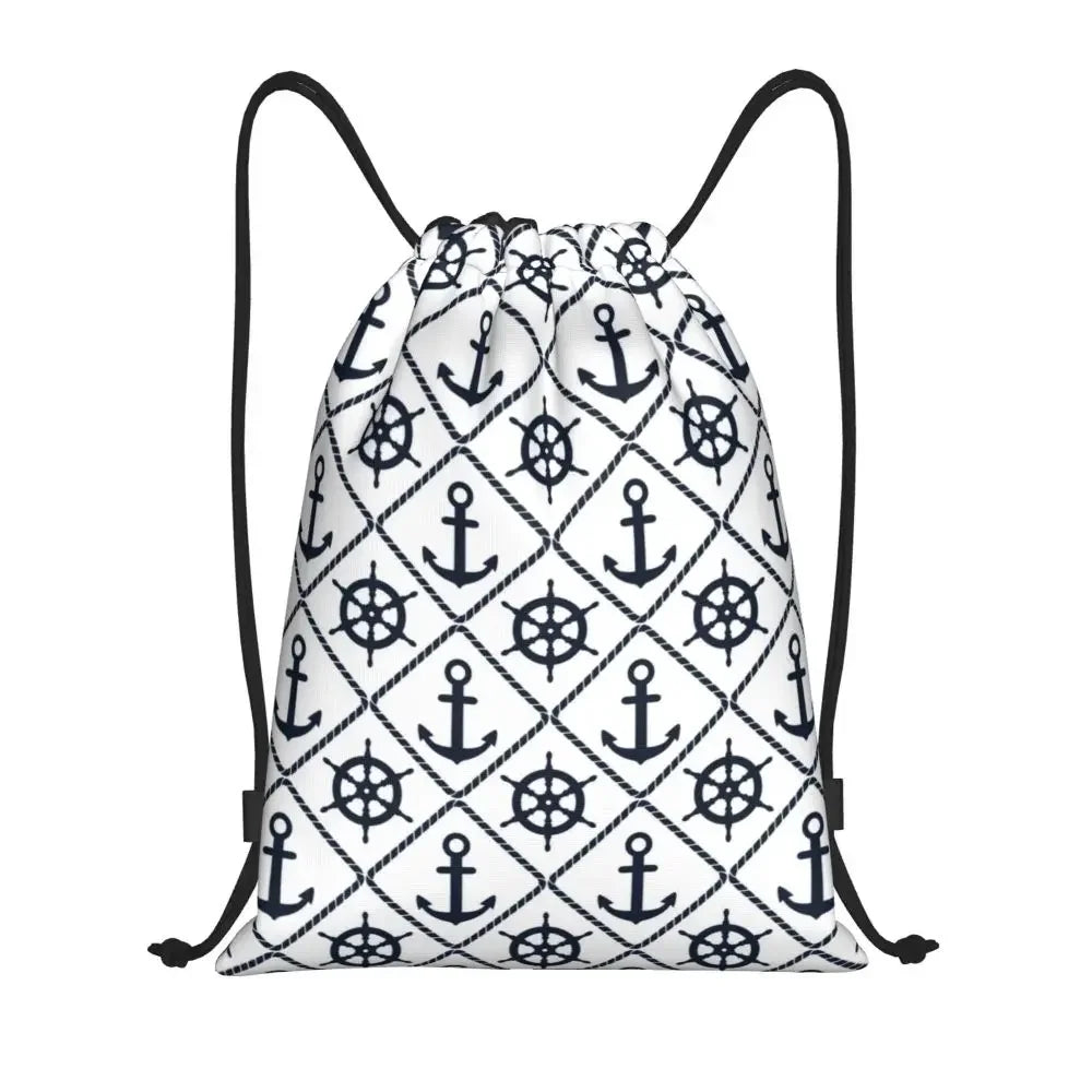 Custom Anchor And Navy Blue Stripes Drawstring Backpack Women Men Gym Sport Sackpack Portable Nautical Sailor Shopping Bag Sack