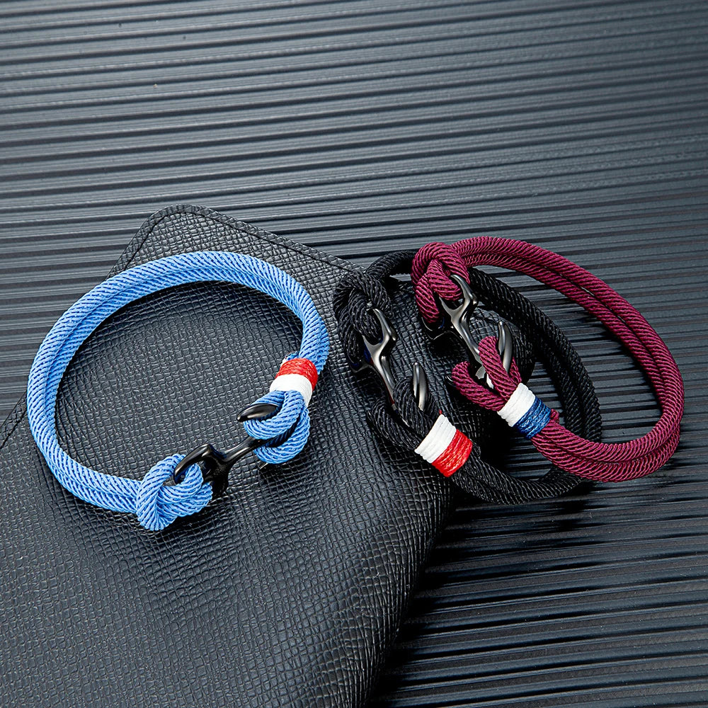 MKENDN Black Anchor Bracelets Men Women Double Strand Nautical Rope Bracelet Stainless Steel Sport Buckle Maritime Jewelry