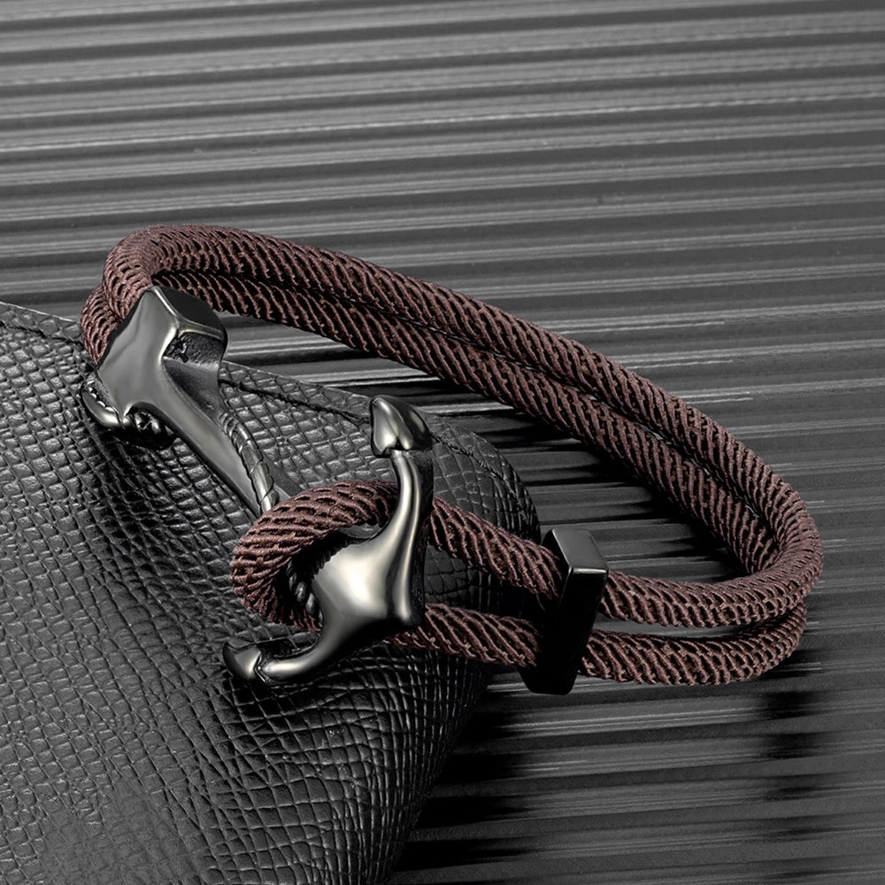 MKENDN Anchor Bracelets Men Double Strand Nautical Survival Rope Paracord Bracelet Women Black Stainless Steel Navy Sport Buckle