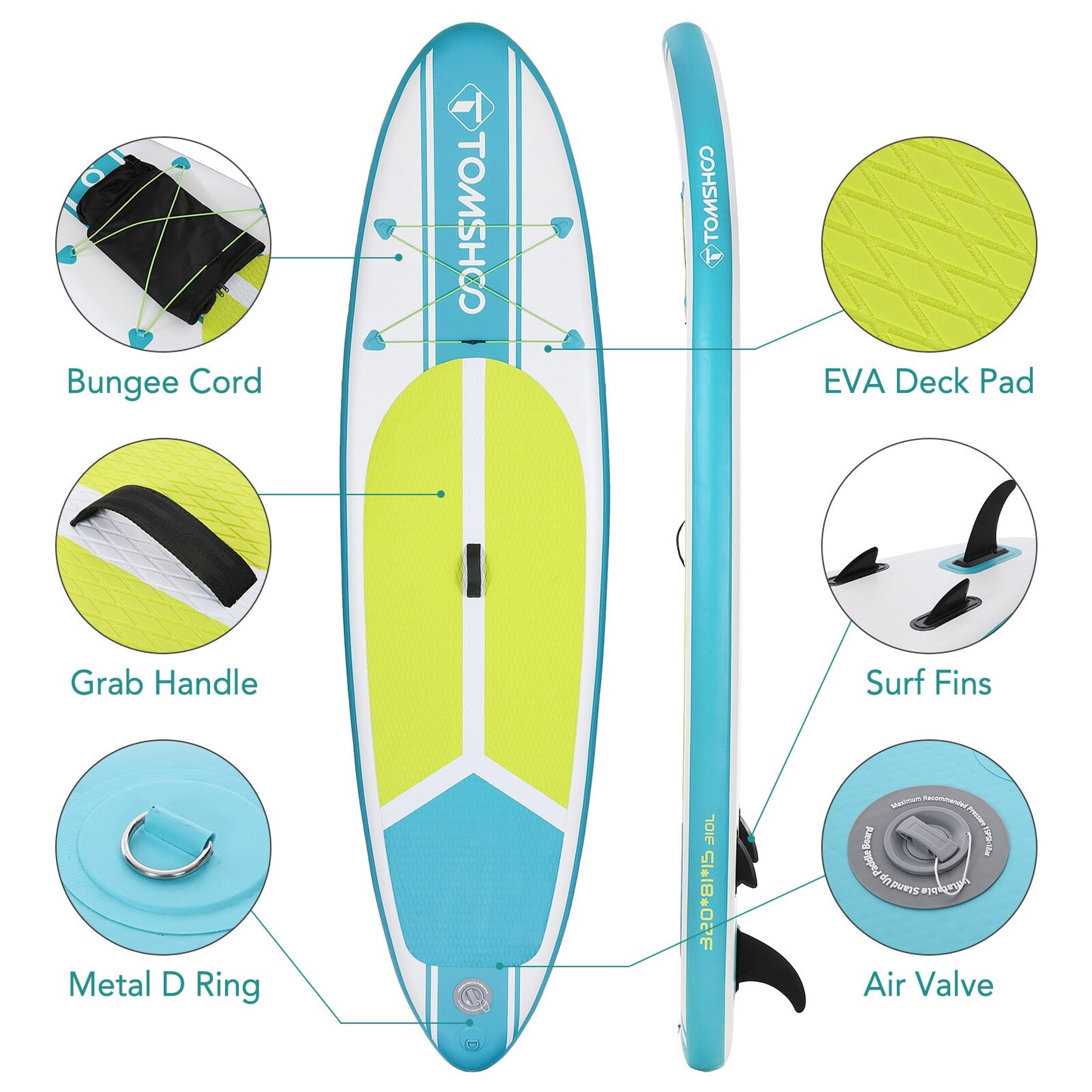 Tomshoo 3.2M Sup Board Inflatable Sapboard Stand Up Paddle Board 6 Inch Thick SUP Board Water Sport Surf Set Pump Sub Board