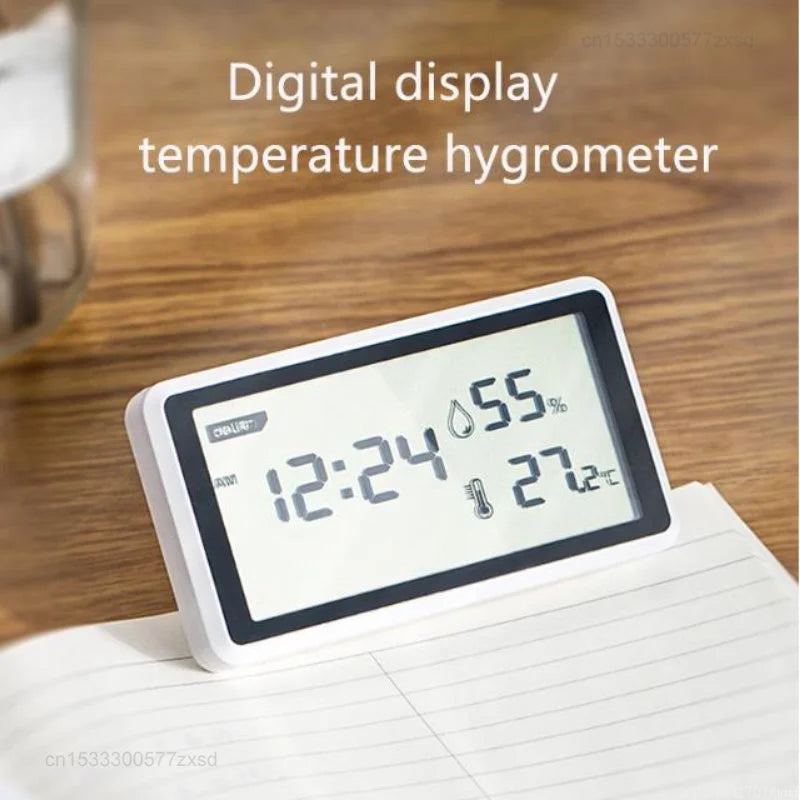 Deli Electronic Thermometer Hygrometer Weather Station Sensor High Precision with Table Clock Function LCD Digital Display