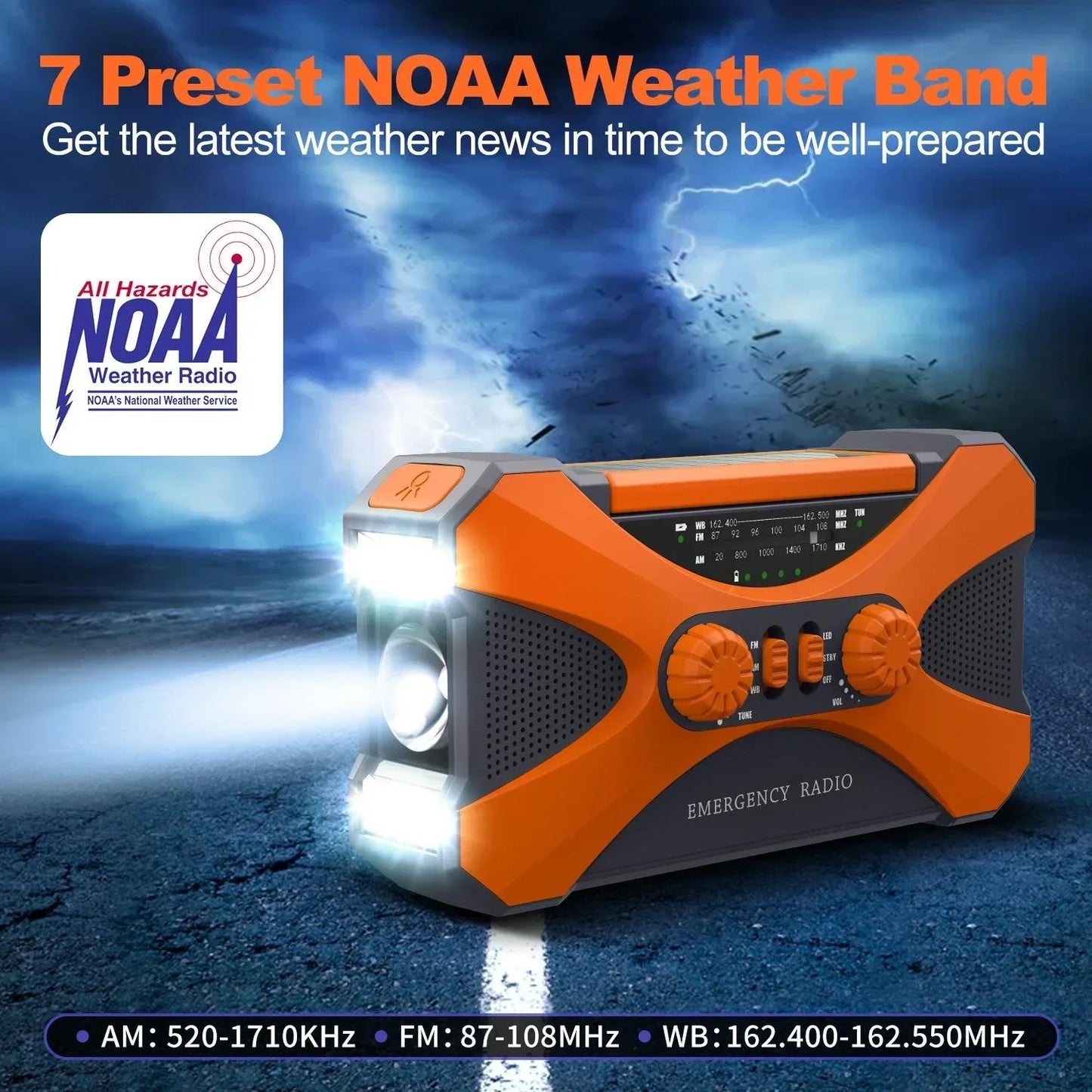 Multifunctional 10000mAh Solar Crank Radio AM/FM/NOAA Weather Alert, Dual Stereo Speakers, Phone Charger, LED Torch & SOS Alarm