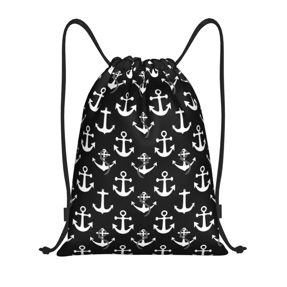 Custom Anchor And Navy Blue Stripes Drawstring Backpack Women Men Gym Sport Sackpack Portable Nautical Sailor Shopping Bag Sack