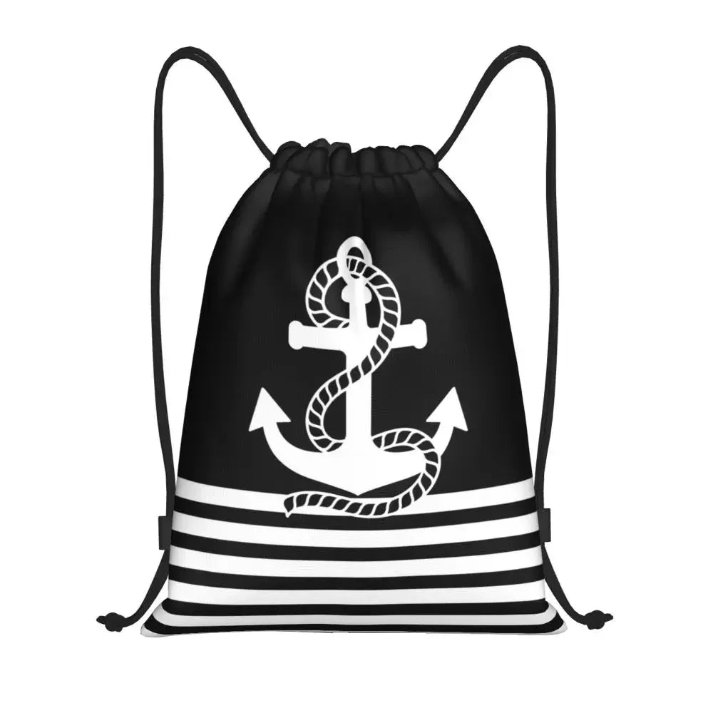 Custom Anchor And Navy Blue Stripes Drawstring Backpack Women Men Gym Sport Sackpack Portable Nautical Sailor Shopping Bag Sack