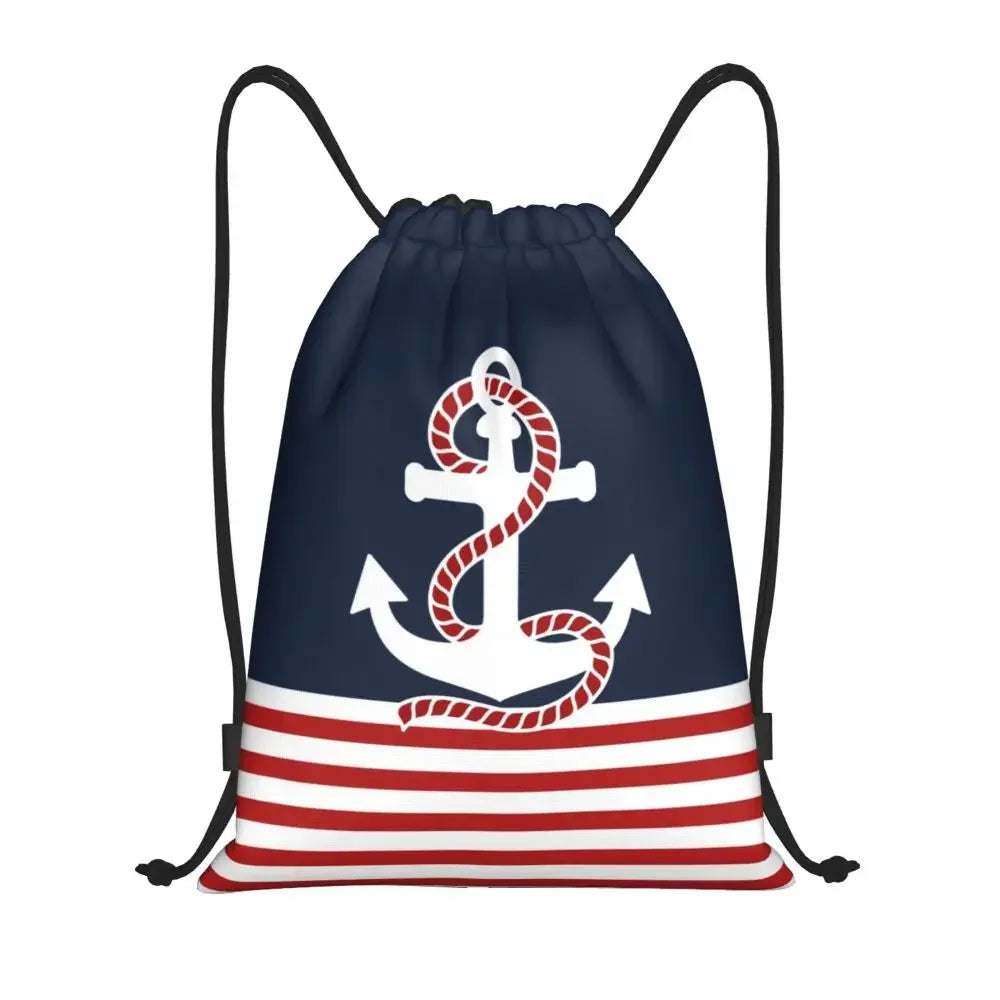 Custom Anchor And Navy Blue Stripes Drawstring Backpack Women Men Gym Sport Sackpack Portable Nautical Sailor Shopping Bag Sack