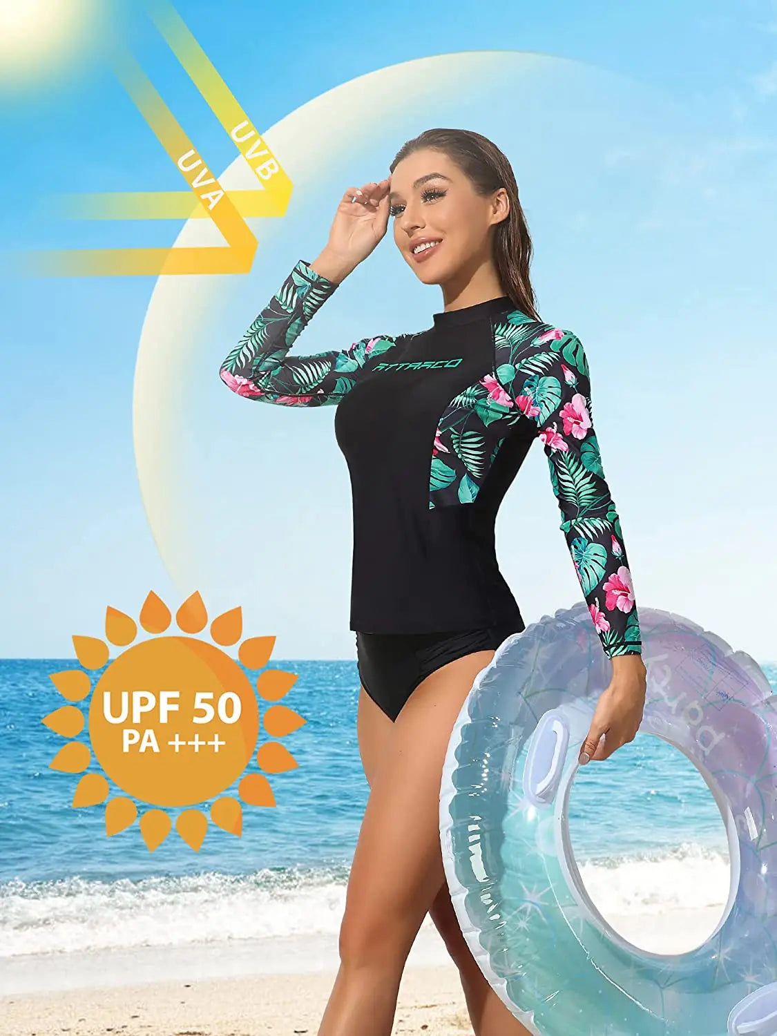 Anfilia Women Long Sleeve Rash Guard Shirts Swimwear Rash Guard Top Surf Top Floral Printing Close-fitting Shirt UPF 50+