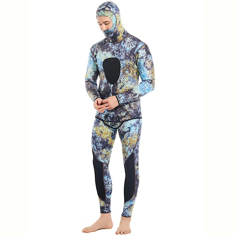 Demmet camuflagem com capuz 3mm roupa de mergulho de neoprene de duas peças para mergulho natação caça subaquática mantém quente e frio