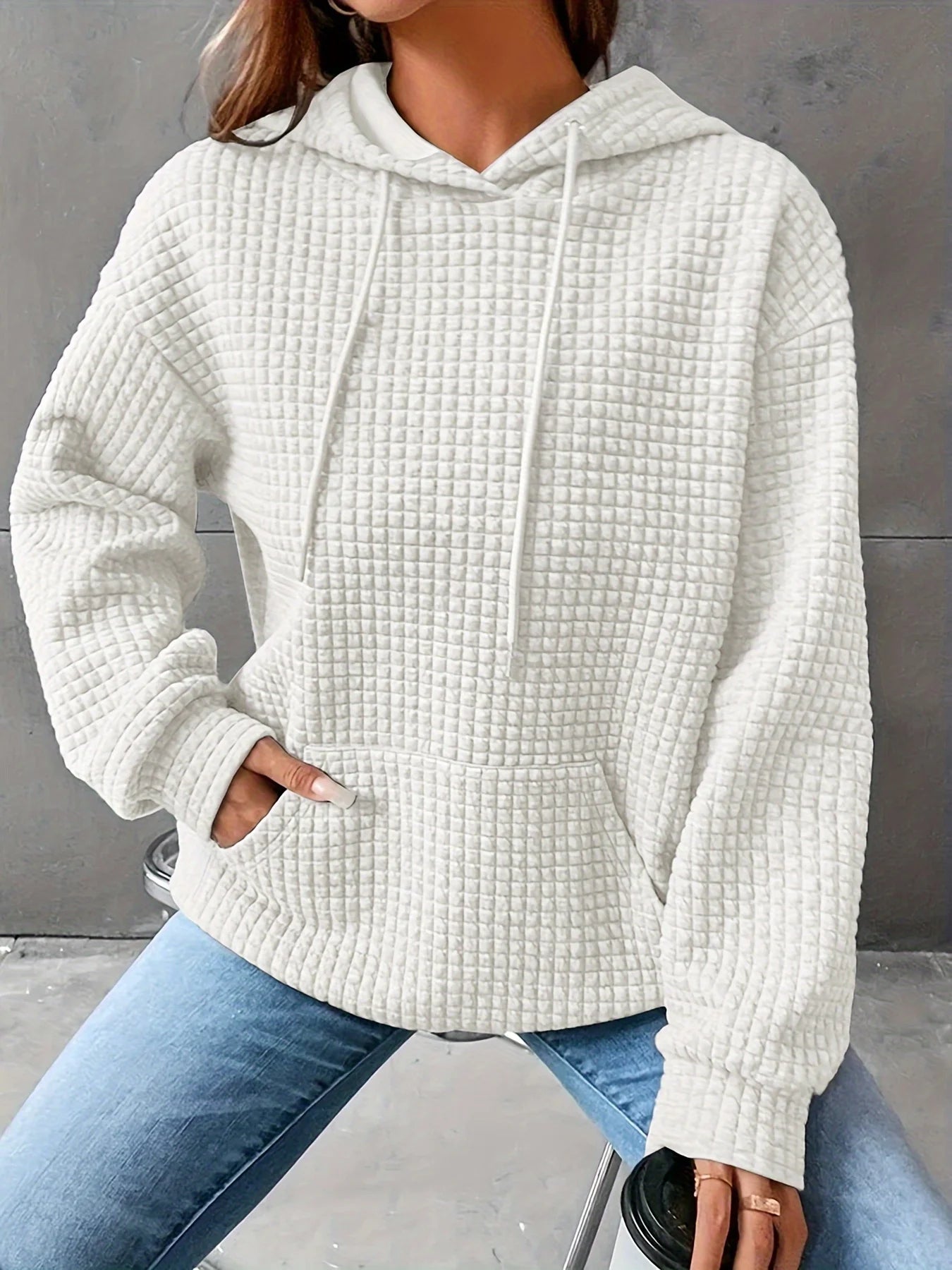 Autumn And Winter Women's New Waffle Round-necked Long-sleeved Sweater Solid Color