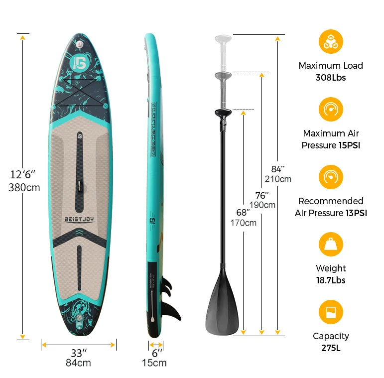 BEIST 12'6" 380CM Inflatable Stand Up Paddle Board SUP Board Surfboard Water Sport Surf Set with Paddle Board Tail Fin Inflator