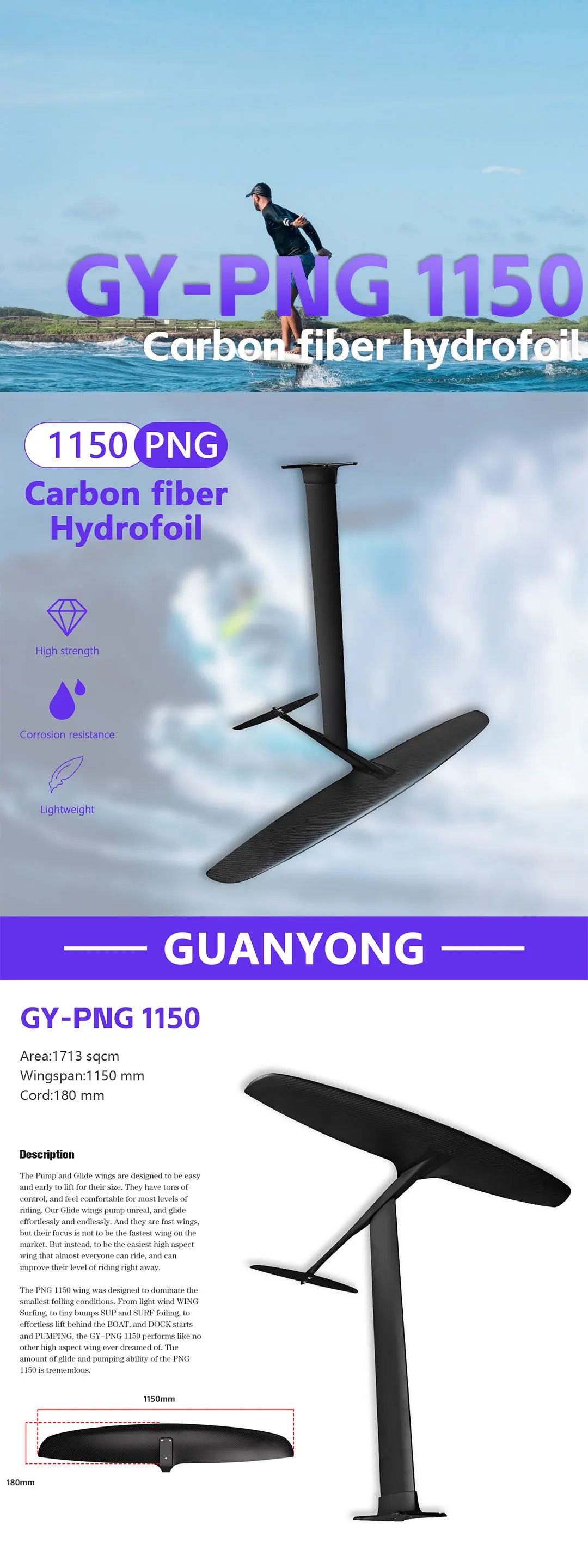 GY-PNG1150 Customizable Hydrofoil Windfoil Water Sports Surfing Equipment with 1713 sqcm Carbon Fiber Front Wing
