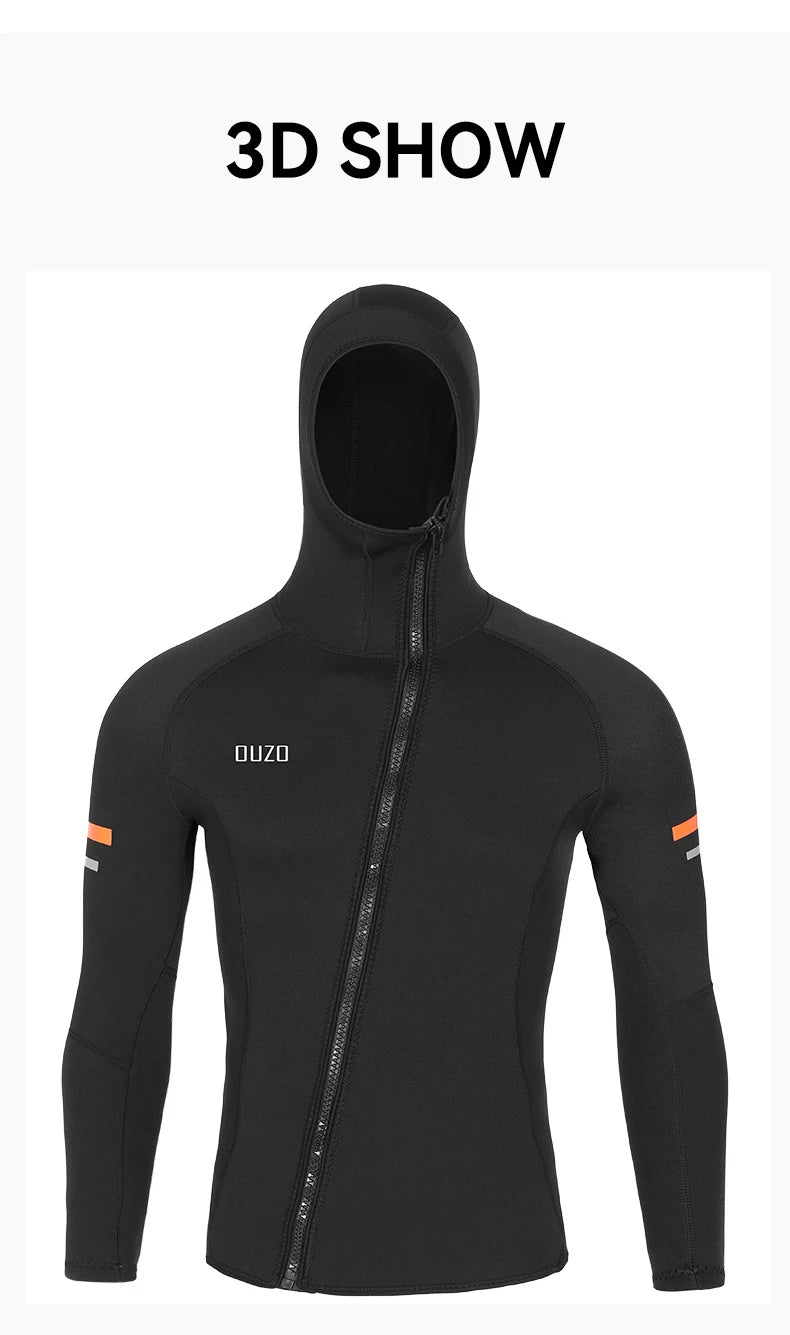 Men's 1.5mm Neoprene Hooded Diving Top Long Sleeves Wetsuit Jacket Split Sun Protection Anti-jellyfish Surfing Swimming Swimsuit