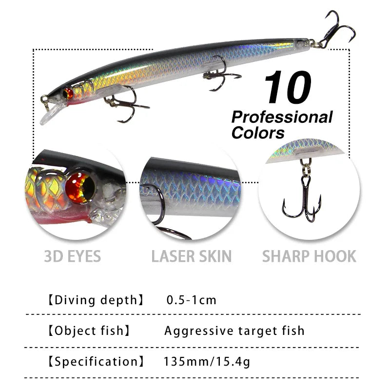 Best Selling 10pcs 130mm 15.4g Big Long Fish Minnow Sea Fishing Lure Bait 3D Eyes Strong Hooks Lures for Sea Fishing