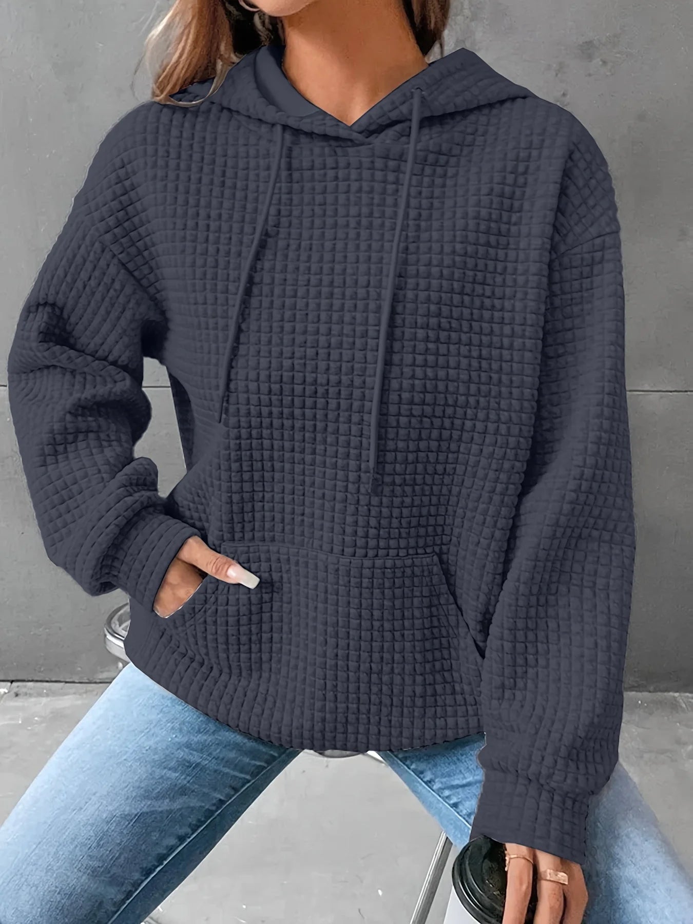 Autumn And Winter Women's New Waffle Round-necked Long-sleeved Sweater Solid Color