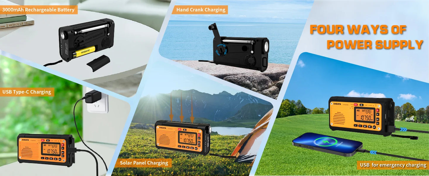 XHDATA D-608WB Emergency Crank Weather Radio FM/AM/SW/NOAA Alert Portable Radio with Phone Charger, Bluetooth, Battery Operated