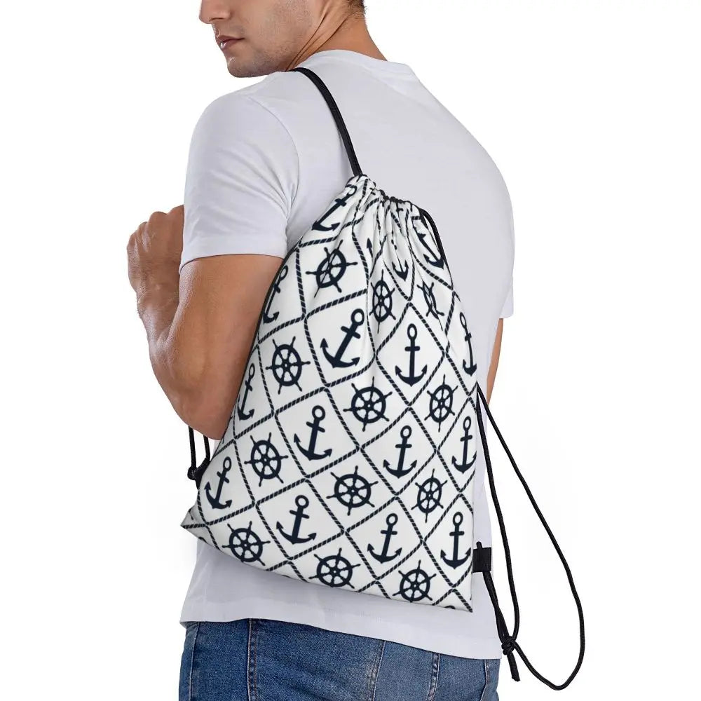 Custom Retro Vintage Nautical Anchor Drawstring Bags Men Women Foldable Gym Sports Sackpack Sailor Training Storage Backpacks