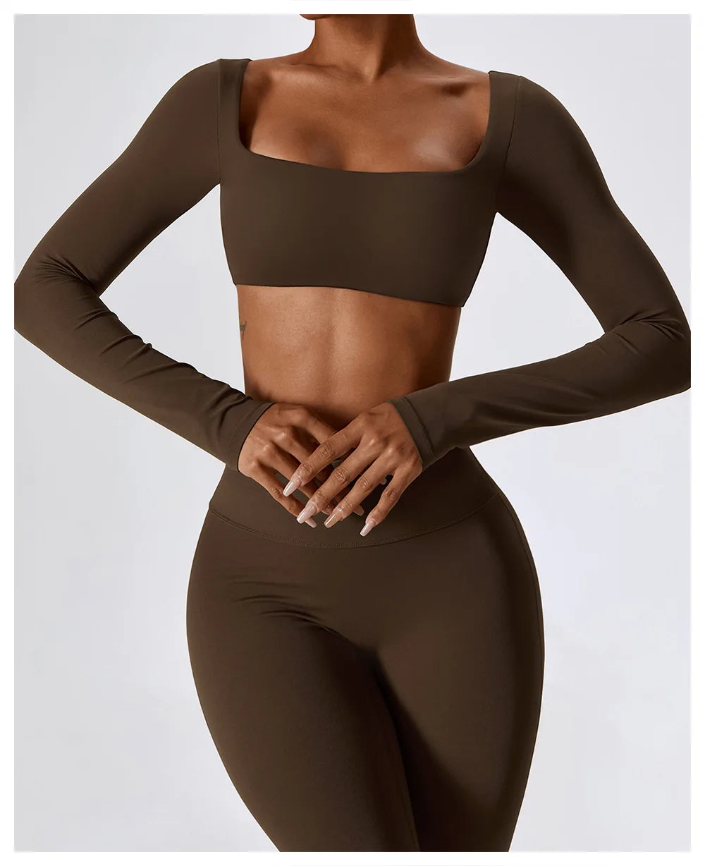 Women Workout Crop T Shirt Top Quick Dry Padded Sports Long Sleeve Gym Crop Tops Fitness Running Push Up Yoga Top