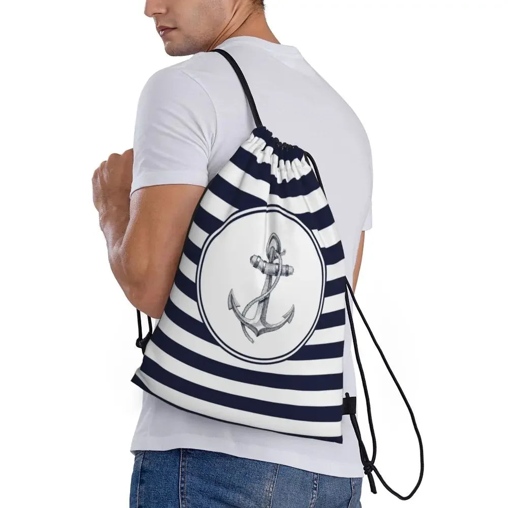 Custom Anchor And Navy Blue Stripes Drawstring Backpack Women Men Gym Sport Sackpack Portable Nautical Sailor Shopping Bag Sack
