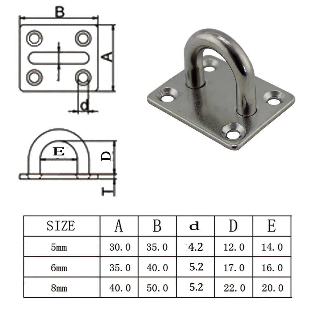 1pc 316 Stainless Steel Square Pad Eye Plate Hook 5mm/6mm/8mm Hanger Heavy Duty Ceiling Wall Boating Yacht Shade Sailing Marine