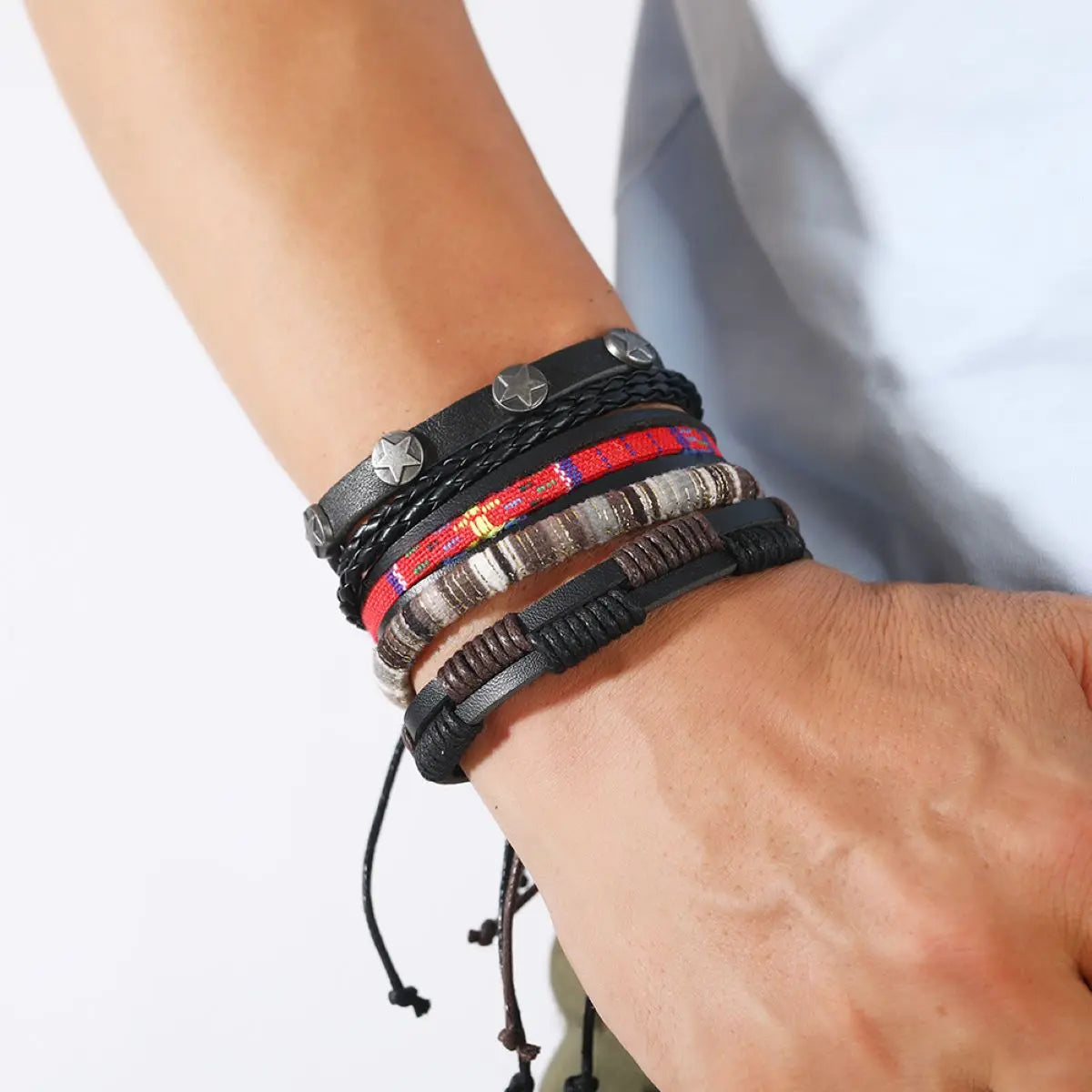 4Pcs/ Set Braided Wrap Leather Bracelets for Men Vintage Life Tree Rudder Charm Wood Beads Ethnic Tribal Wristband Rope Bracelet