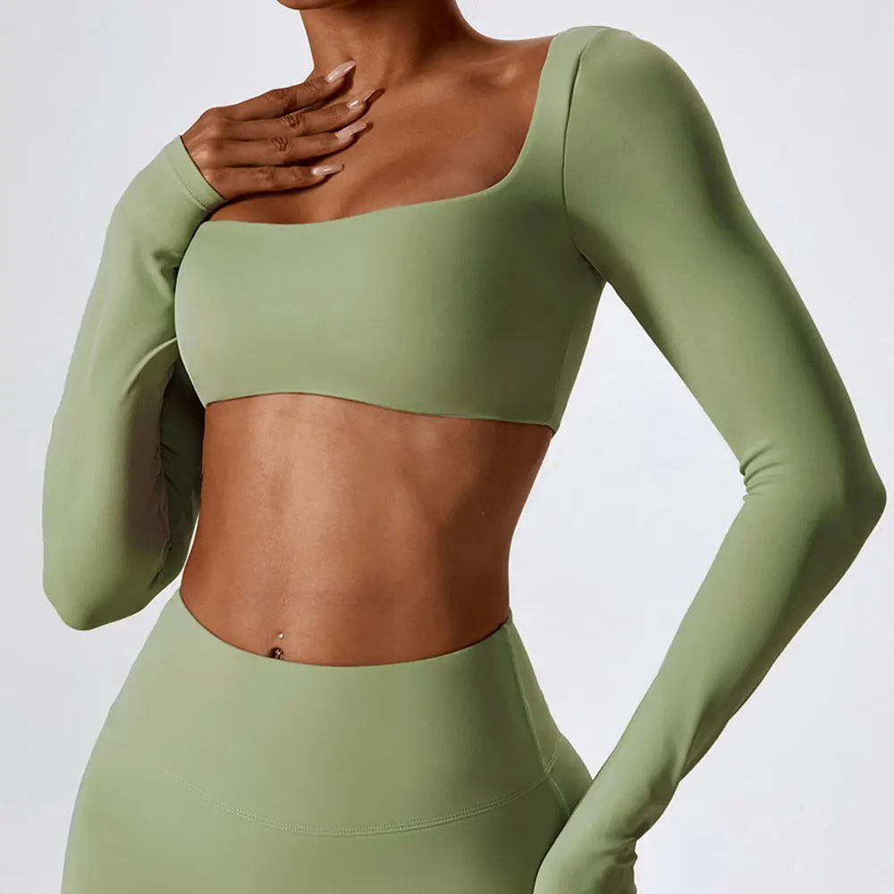 Women Workout Crop T Shirt Top Quick Dry Padded Sports Long Sleeve Gym Crop Tops Fitness Running Push Up Yoga Top
