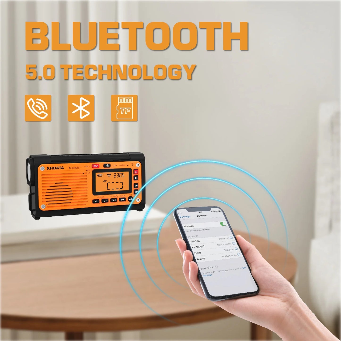 XHDATA D-608WB Emergency Crank Weather Radio FM/AM/SW/NOAA Alert Portable Radio with Phone Charger, Bluetooth, Battery Operated
