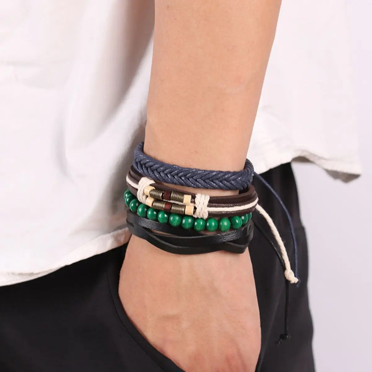 4Pcs/ Set Braided Wrap Leather Bracelets for Men Vintage Life Tree Rudder Charm Wood Beads Ethnic Tribal Wristband Rope Bracelet