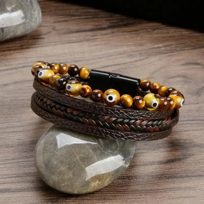 New Fashion Eyes Fatima Hand Leather Bracelets For Women Men Lucky Turkish Evil Eye Beaded Bracelet Couple Jewelry Gift