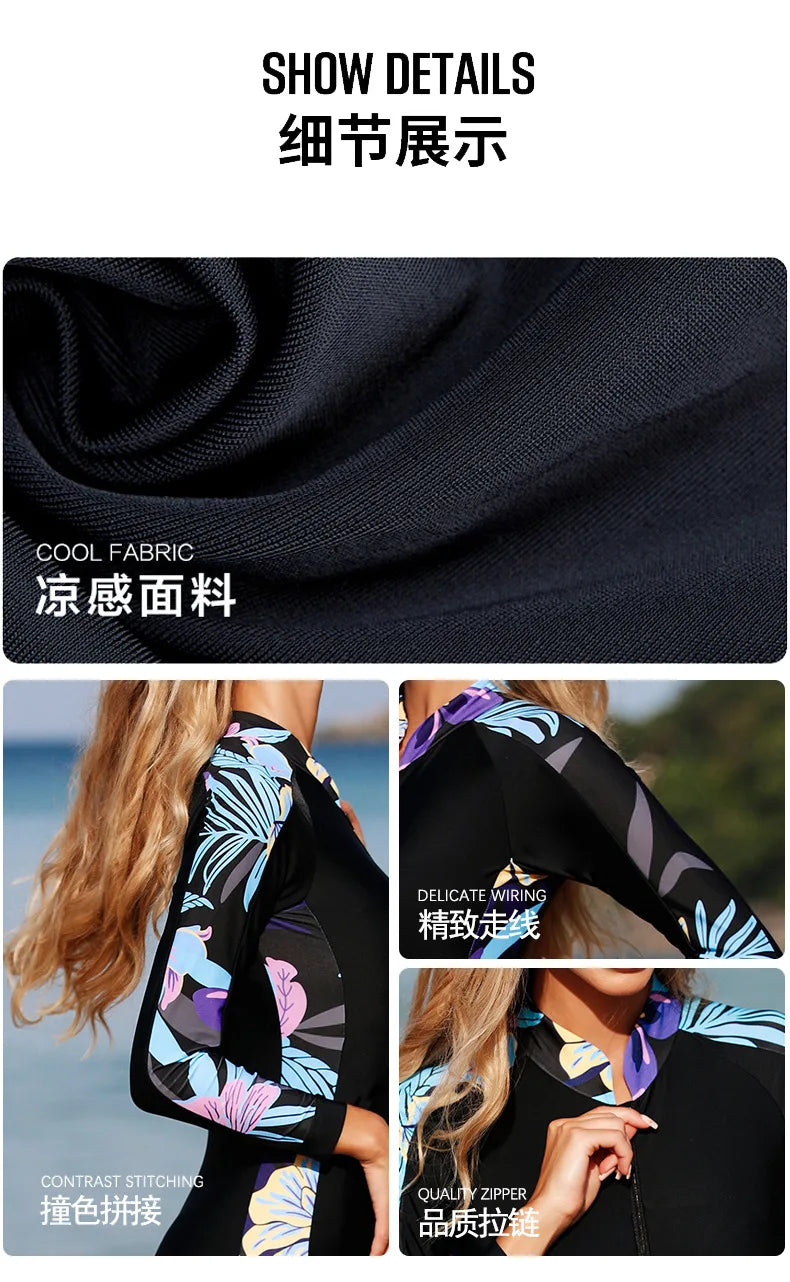 Women Surf Suit Lycra Suit Diving Rash Guard Wetsuit Snorkeling Kayaking Swimsuit Female One-Piece Swimwear Long Sleeve Kitesurf