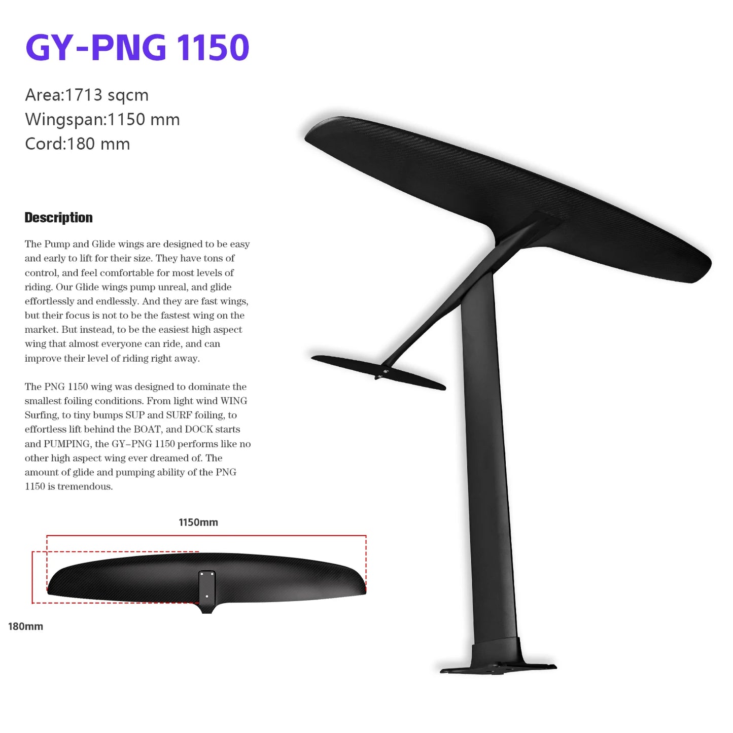 GY-PNG1150 Customizable Hydrofoil Windfoil Water Sports Surfing Equipment with 1713 sqcm Carbon Fiber Front Wing