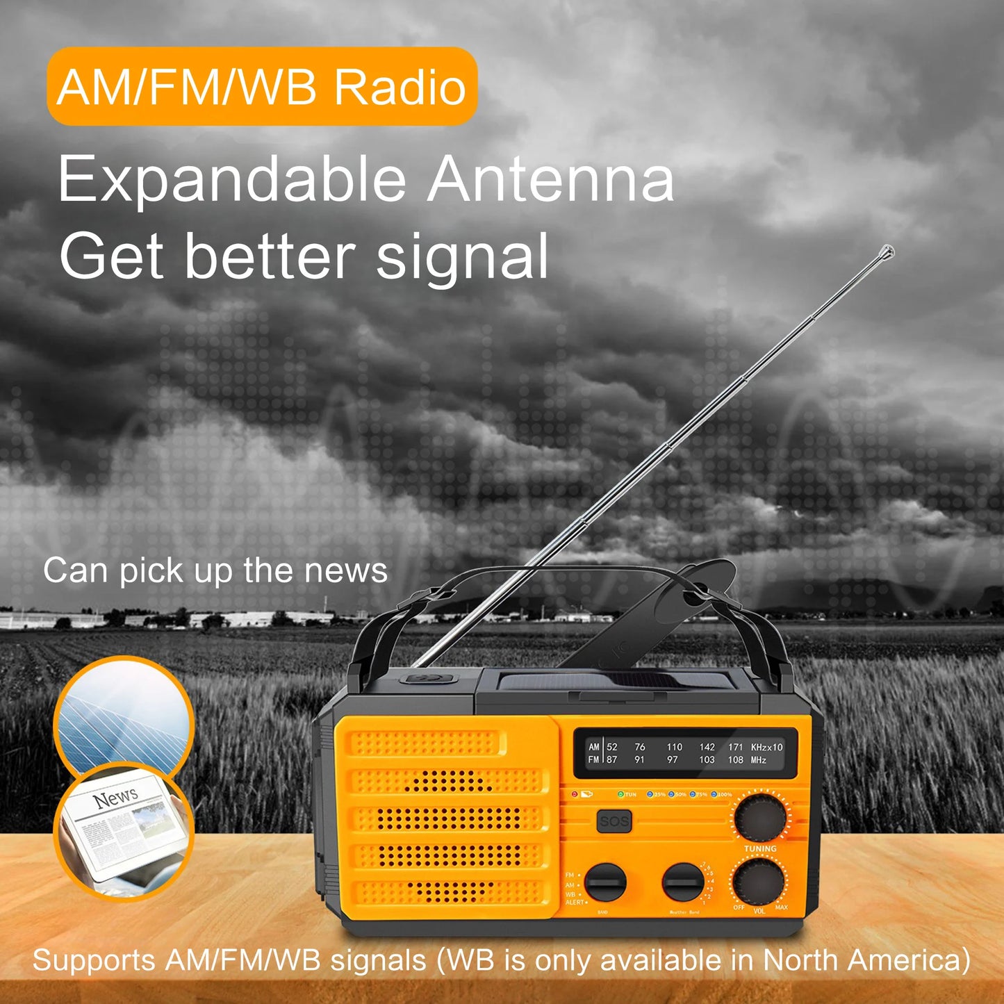 AM/FM/WB Reception Emergency Flashlight, Hand Crank and Solar Charging, USB-C Power Supply, SOS Siren, Mobile Power Supply