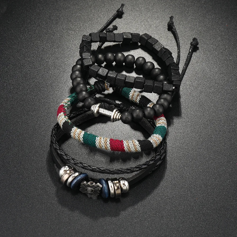 4Pcs/ Set Braided Wrap Leather Bracelet for Men Vintage Life Tree Rudder Charm Wood Bead Ethnic Tribal Wristband Rope Bracelet