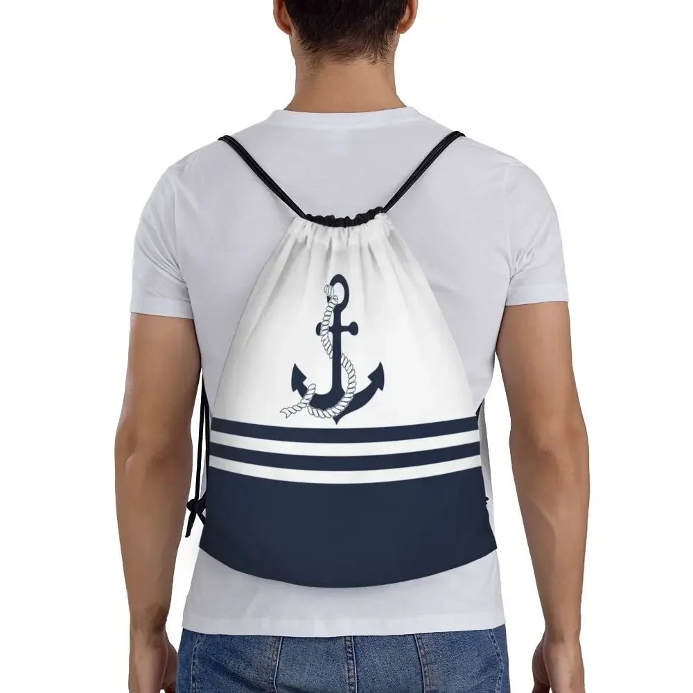 Custom Anchor And Navy Blue Stripes Drawstring Backpack Women Men Gym Sport Sackpack Portable Nautical Sailor Shopping Bag Sack