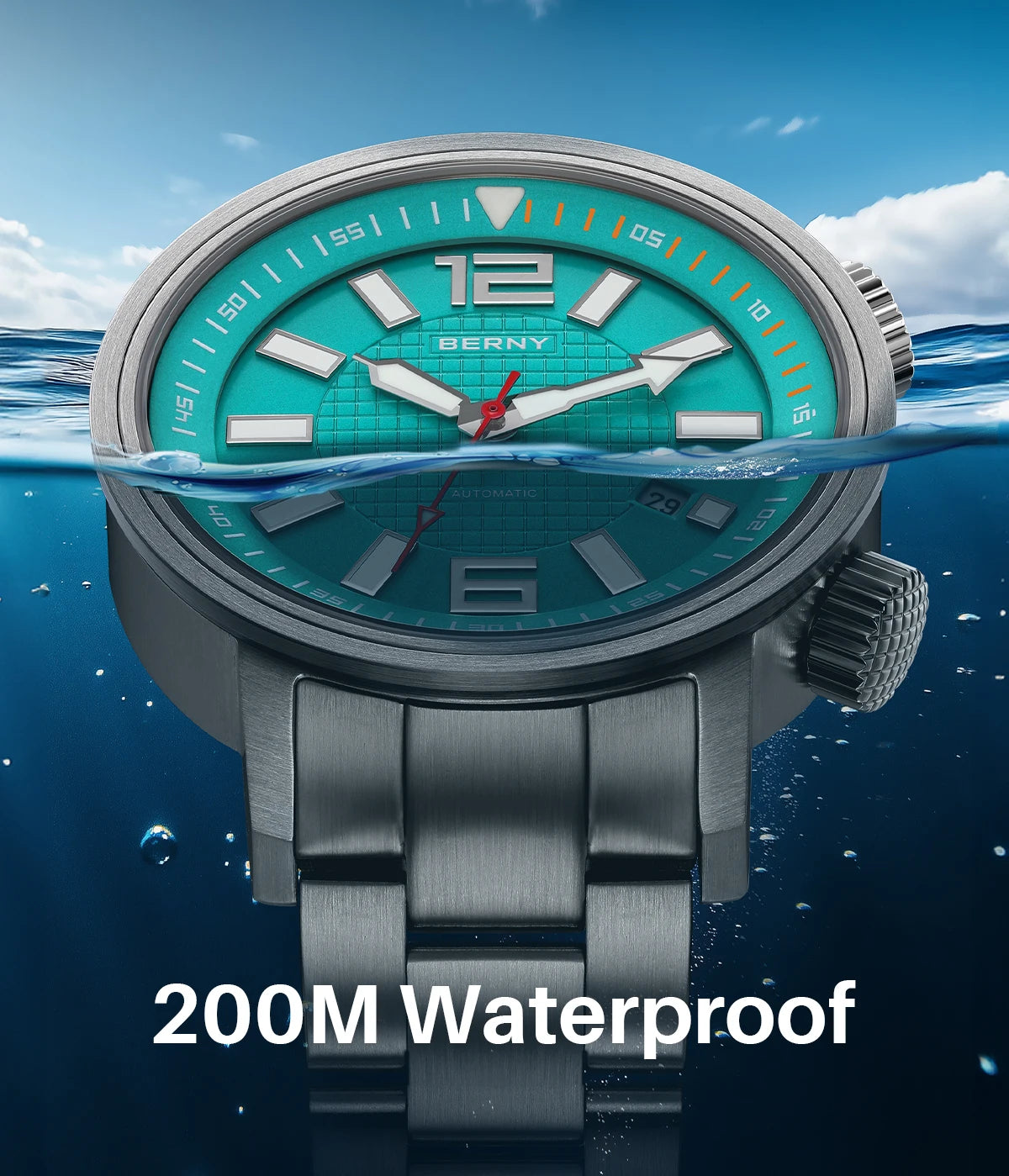 BERNY Automatic Diver Watch for Men Super Luminous Sapphire Miyota 8215 Compressor 20ATM Swimming Scuba Diving Sports Man Watch