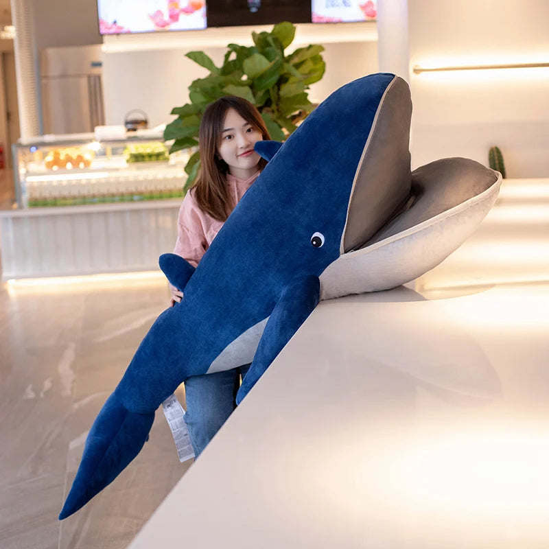 120cm Huge Blue Whale Doll Plush Toy Soft Aquatic Animal Plushie Mouth with Zipper Sleeping Throw Pillow Kid Girl Christmas Gift