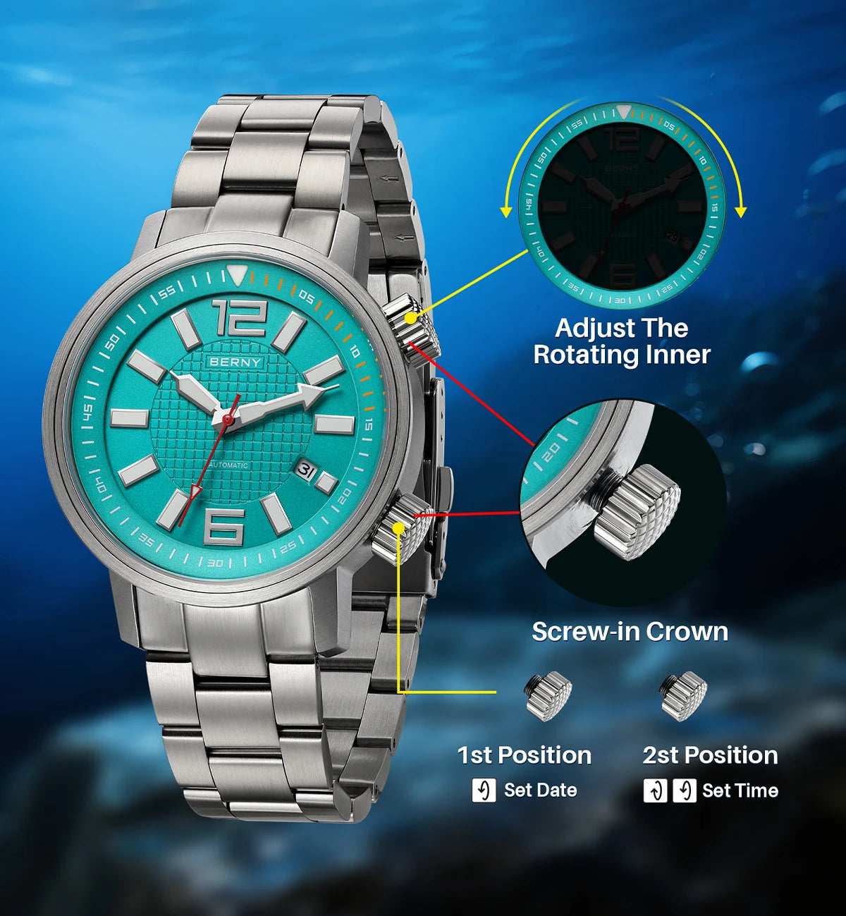 BERNY Automatic Diver Watch for Men Super Luminous Sapphire Miyota 8215 Compressor 20ATM Swimming Scuba Diving Sports Man Watch