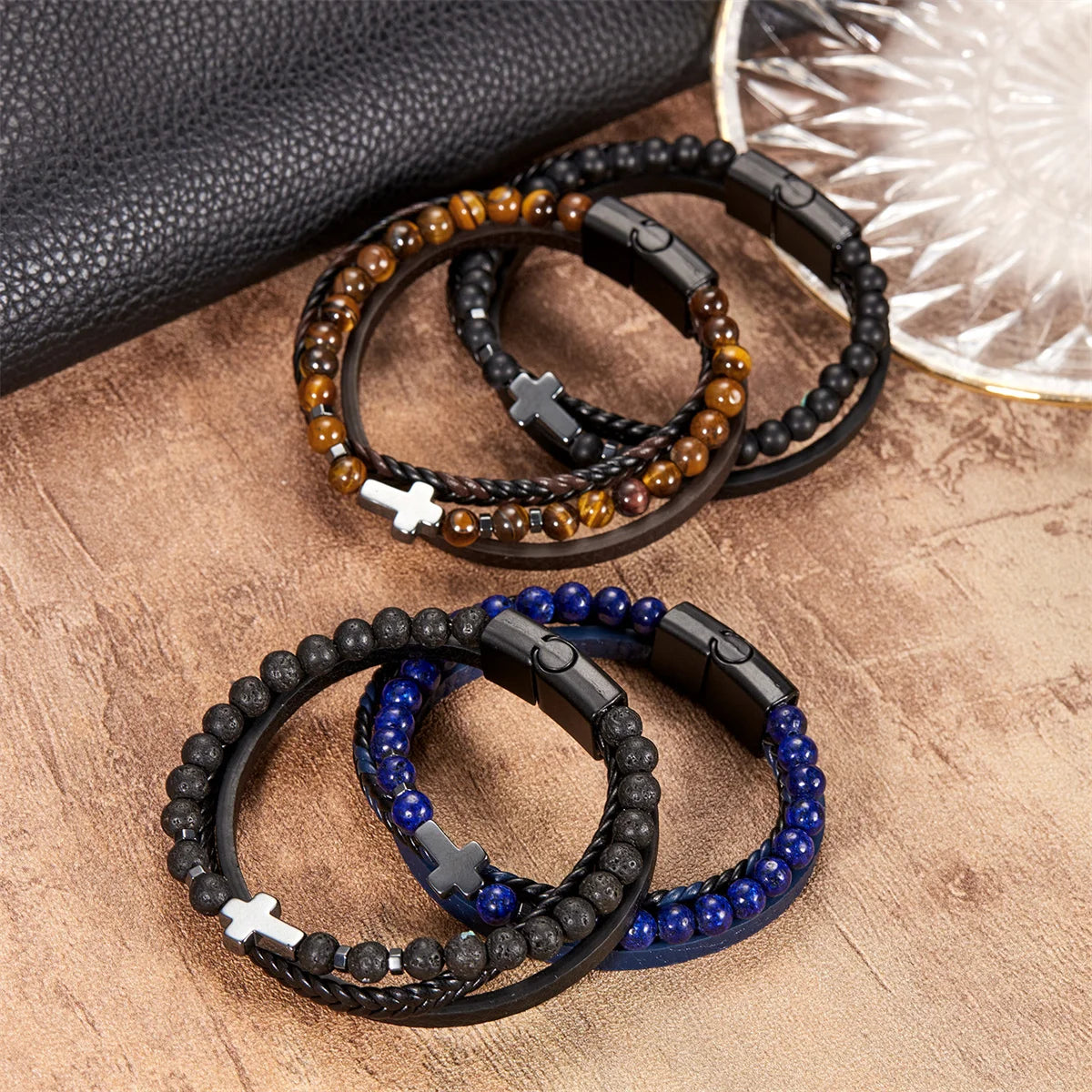 Classic Natural Stone Leather Bracelets For Men Women Multilayer Hand-Woven Cross Leather Bracelet Fashion Party Jewelry Gifts