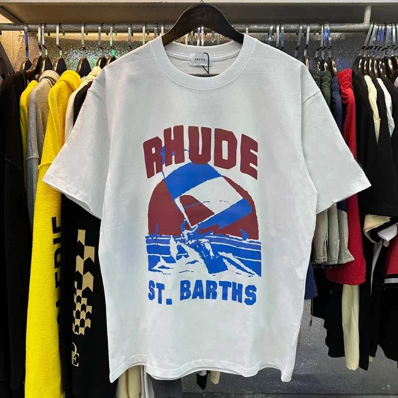 NewRHUDE Yacht Club Black Apricot White Rhude T Shirt Men Women Oversized Short Sleeve RHUDE Windsurf Print Tee Top gym