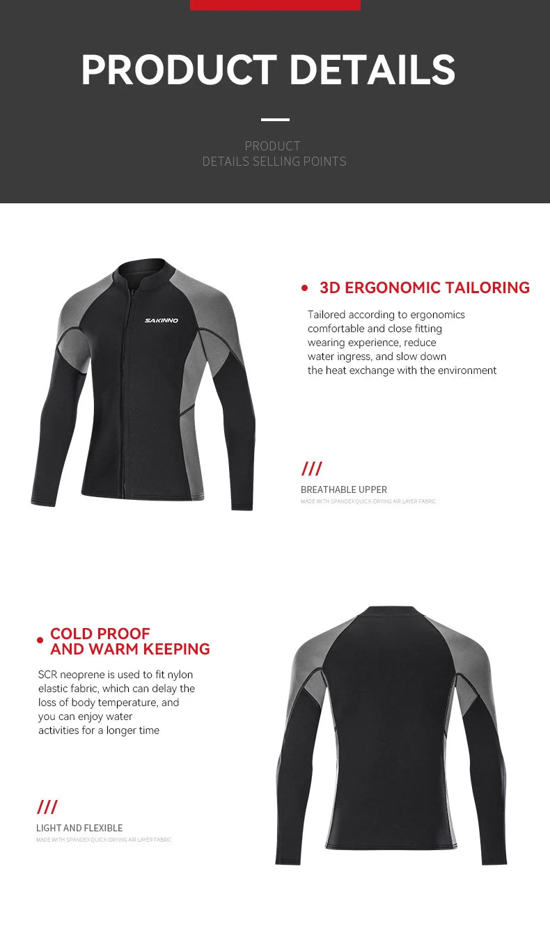 2mm Neoprene Men's Diving Jacket Warm Cold-proof Sunscreen Long-sleeved Split Swimming Surfing Deep Snorkeling Wetsuit Top
