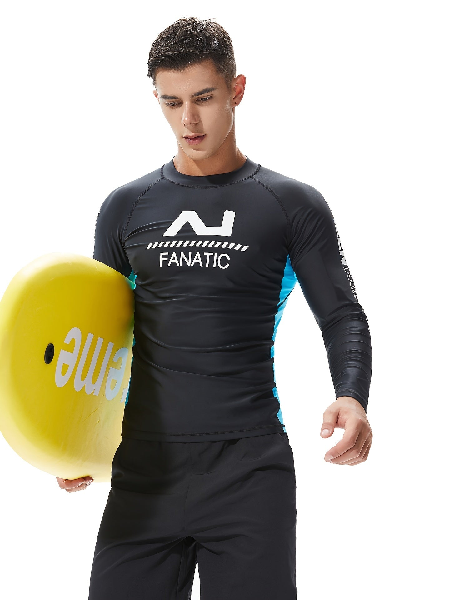 Letter Print Men's Skinny High Stretch Round Neck Top For Beach And Pool, Water Sports