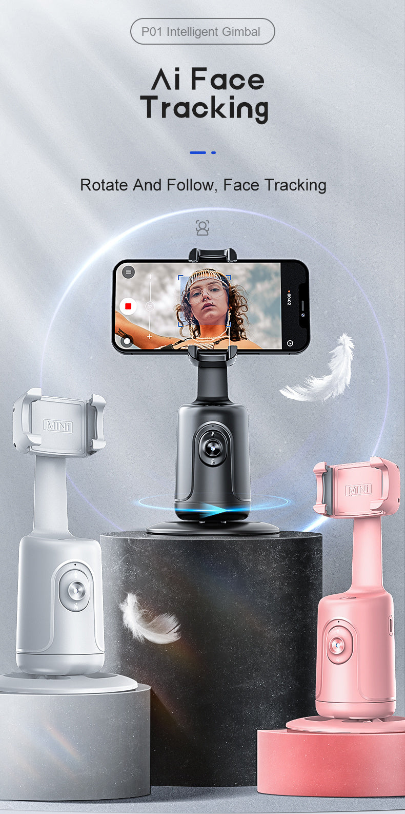 Auto Face Tracking Tripod, No App Required, 360° Rotation Face Body Phone Mount Smart Shooting Phone Tracking Holder for Vlog Live Streaming Video, Rechargeable Battery, Black
