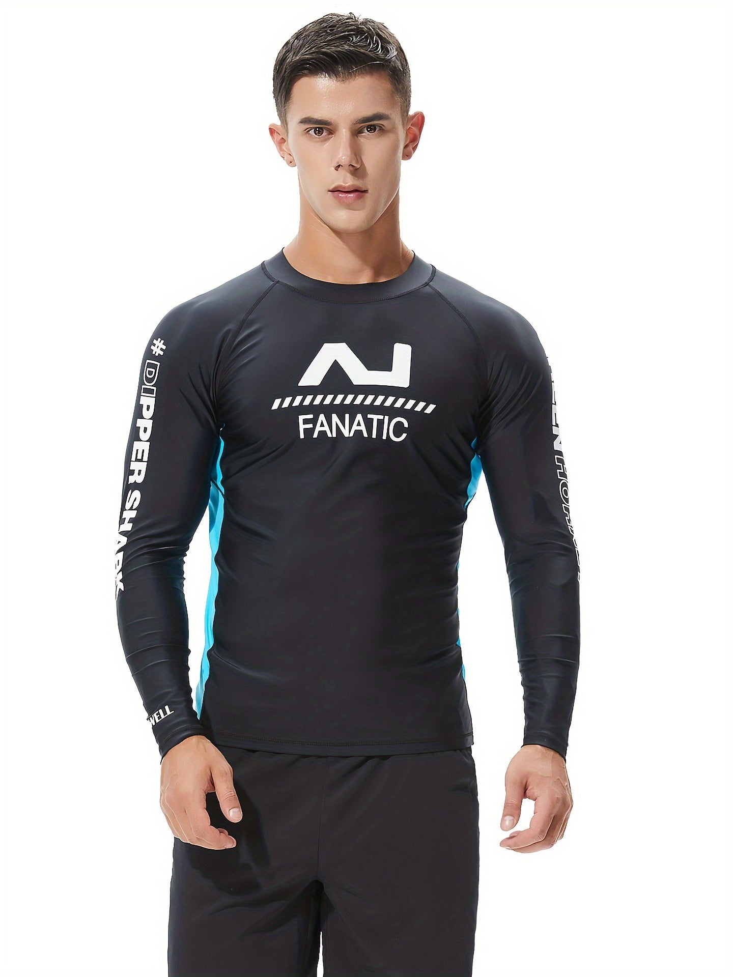 Letter Print Men's Skinny High Stretch Round Neck Top For Beach And Pool, Water Sports