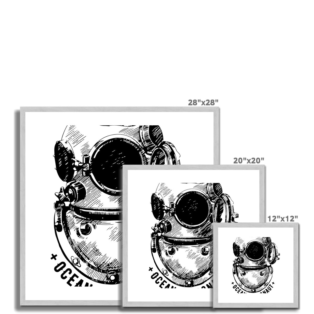 AQUA B&W - 05 - Astronauta oceano - Impressão antiga emoldurada e montada