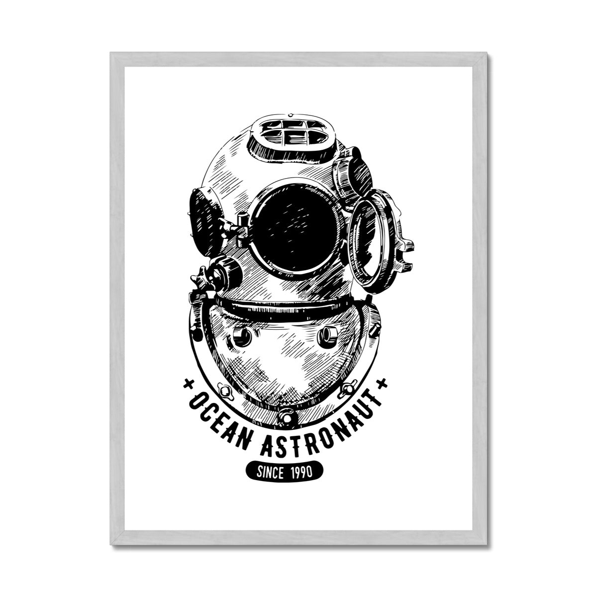 AQUA B&W - 05 - Astronauta oceano - Impressão antiga emoldurada e montada
