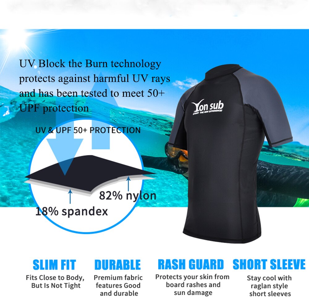 YONSUB Men Surf Rash Guard  Lycra Short Sleeve Top Quick Dry Kitesurf Windsurf Dive T-Shirt UV-Protection UPF 50+ Beach Swimwear