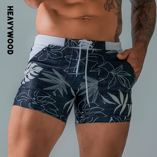 Heavywood Summer Men&#39;s Beach Swimming Trunks Drawstring Elastic Waist Swimsuit Shorts Man Plus Size Quick Drying Swimwear Shorts